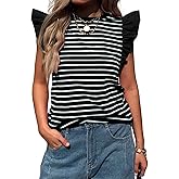 Mieazom Women's Ruffle Cap Short Sleeve Striped T Shirts Summer Casual Loose Fit Top Basic Tee Tunic Tops