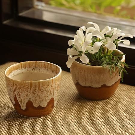 ExclusiveLane Melting Glaciers Studio Pottery Planters (Set of 2) - Planter Pot Ceramic Planter Box for Balcony Flower Pots for Garden Living Room Decorative Plant Bucket Plant Bowls