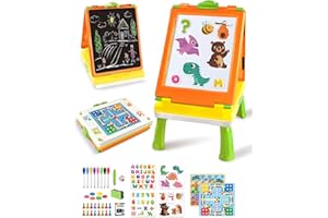 Elovien Easel for Kids, 4 in 1 Double Sided Toddler Art Easel with Chalkboard & Magnetic Whiteboard, Foldable Tabletop Easel with Drawing & Writing Accessories - Educational Gift for Boy Girl (Orange)