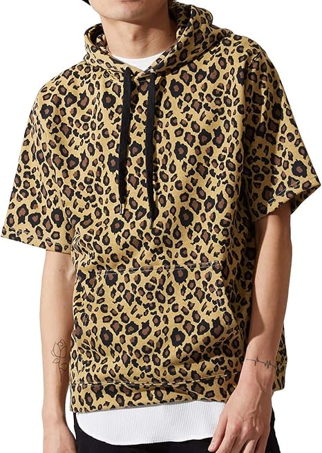 Amazon 半袖 パーカー メンズ レディース スウェット スエット レオパード ヒョウ柄 豹柄 プルオーバー カットソー トップス 韓国ファッション トレーナー パーカー 通販