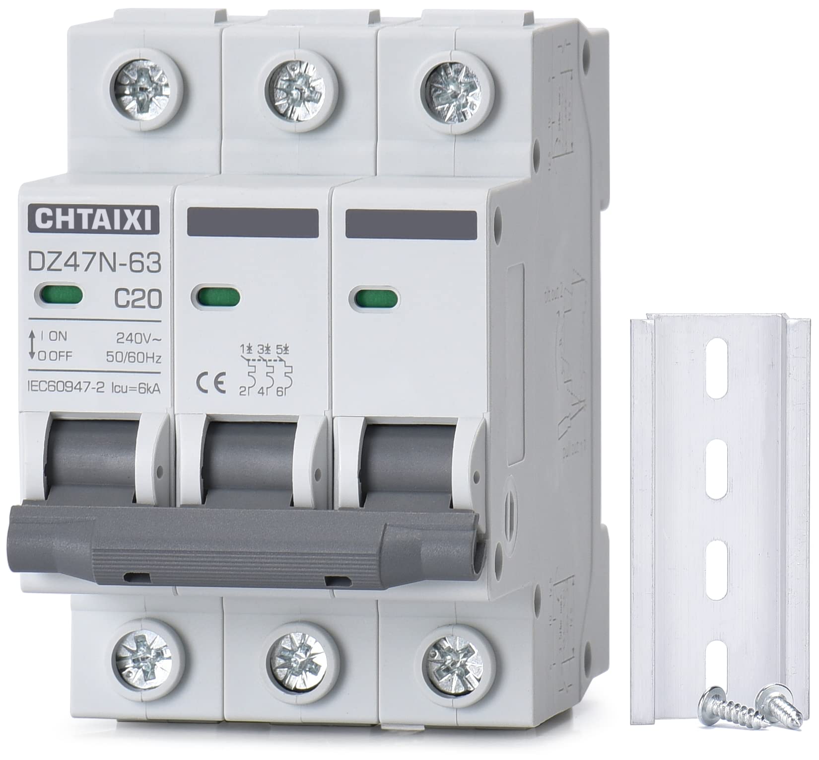 Photo 1 of Chtaixi 3 Pole DIN Rail Mount Circuit Breaker, 20 Amp 240V AC Miniature Circuit Breaker, Thermal Magnetic Trip AC Disconnect Switch MCB C20