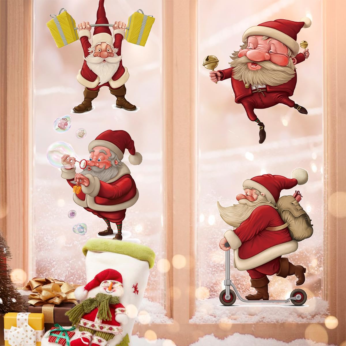 QRTDXP 9 Sheets Christmas Window Stickers with Santa Claus, Reusable Cute Santa Claus Window Clings for Xmas Party Window Decoration