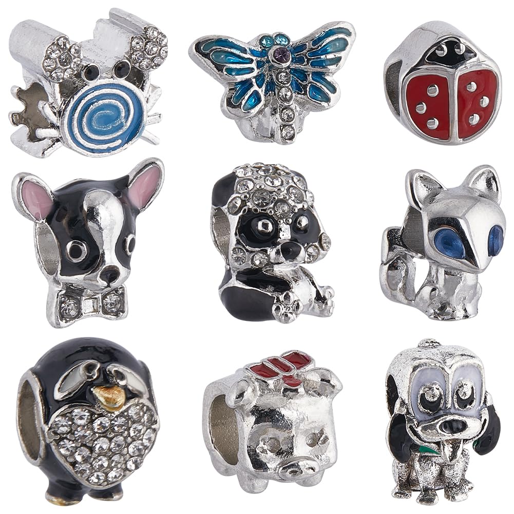 SUNNYCLUE 1 Box 9Pcs European Large Hole Beads Rhinestone Silver Animal Spacer Beads Bulk Alloy Enamel Dog Panda Ladybug Fox Metal Cute Big Loose Rhinestone Beads for Bracelets Charms DIY Crafts Gifts