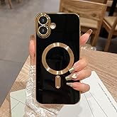 OOK Magnatic Case for iPhone 16 Case [Compatible with MagSafe] Full Camera Lens Protector Gold Electroplate Edge Soft TPU Shockproof Protective Phone Case for Women Men 6.1 Inch - Black