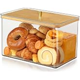 Hudgan Clear Bread Box with Bamboo Lid for Kitchen Countertop | Plastic Bread Bin for Homemade Bagel, Cookie, Dount and Bakery, Large Bread Holder for Store Bread and Display