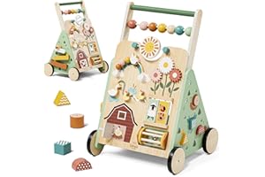 Lehoo Castle Wooden Baby Walker for Toddlers 12+ Months, Push Walker with Activity Center & Adjustable Speed Wheels, Montesso