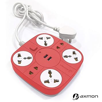 Axmon Extension Cord with 2 USB Charging Ports and 6 Socket - 10 Amp Heavy Duty Multiplug Extension Board for Multiple Devices Smartphone Tablet Laptop Computer - Red