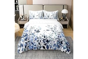EROSEBRIDAL 100% Cotton Blue And Grey Comforter Cover, Floral Duvet Cover Queen Size, Teal Plant Bedding Set, Botanical Nature Leaf Quilt Cover, Branch Flowers Bed Cover for Kids Girls Women Bedroom Decorative