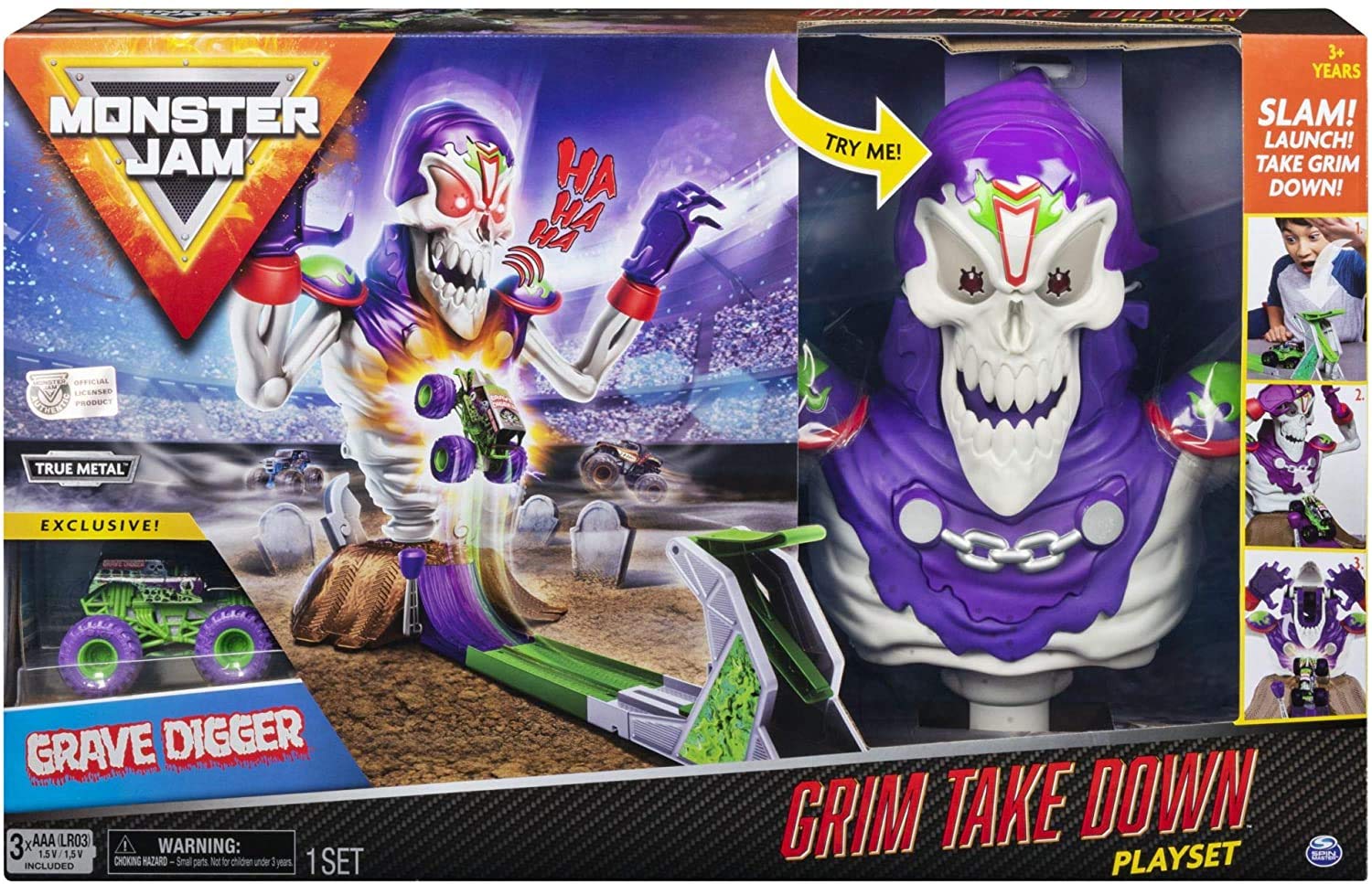 Monster Jam, Grim Takedown Playset with Lights & Sounds, Featuring Exclusive 1: 64 Scale Die-Cast Grave Digger Monster Truck