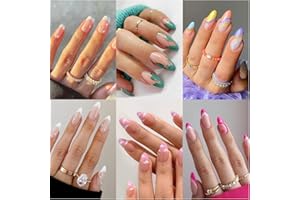 6 Packs (144 Pcs) Press on Nails Medium Design, Misssix Short Fake Nails Almond French Glue on Nails Set with Adhesive Tabs Nail File Acrylic False Nail Kits for Women