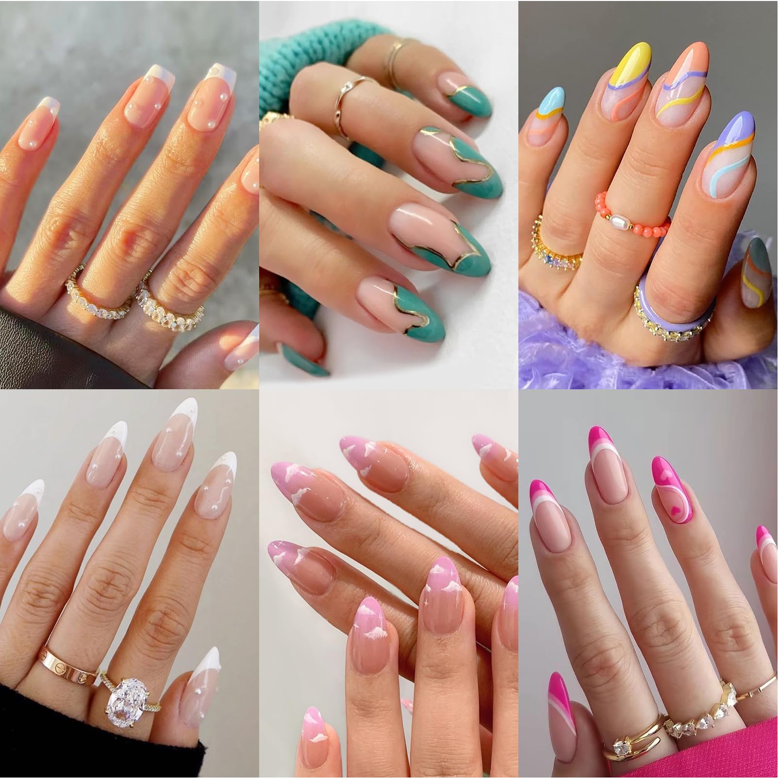 Photo 1 of 6 Packs (144 Pcs) Press on Nails Medium Design, Misssix Short Fake Nails Almond French Glue on Nails Set with Adhesive Tabs Nail File Acrylic False Nail Kits for Women