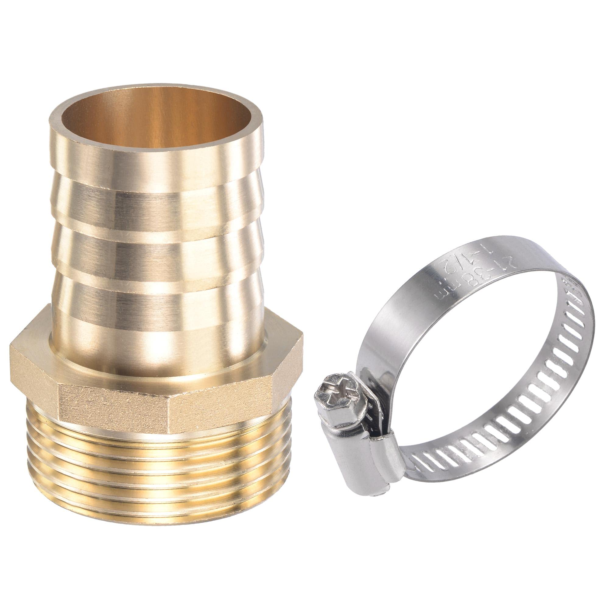 sourcing map Brass Hose Barb Fitting Straight 32mm x G1-1/4 Male Thread Pipe Connector with Stainless Steel Hose Clamp, Pack of 1