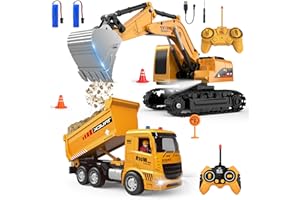 MQDMINI Remote Control Excavator and Dump Truck Toy Set - RC Construction Vehicles Toy with Barricades, Road Signs, Simulated Rocks, Lights and Sounds, Present for Toddlers 3-12 year Boys Girls
