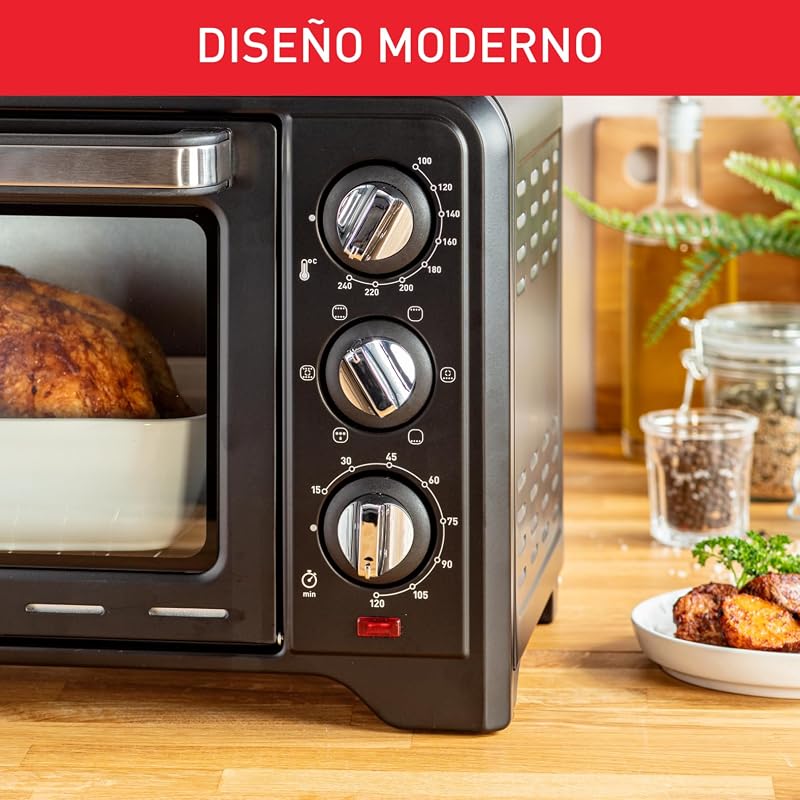 Moulinex optimo ox4448- forno de convecção de 19 l, 6 modos de cozimento, termostato até 240 e temporizador até 120 minutos, assadeira e grelhas reversíveis, design compacto