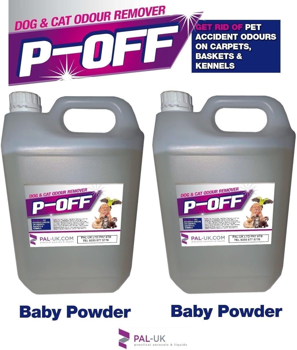 2 x 5L P-OFF PET URINE SMELL ODOUR REMOVER - WEE SMOKE FAECES POO - BABY POWDER