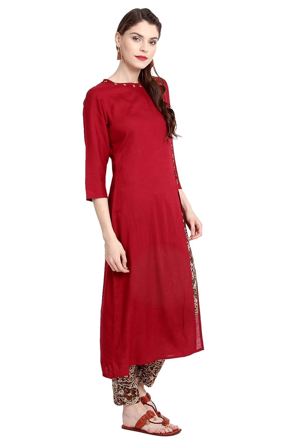 janasya women's maroon rayon a-line plain kurta with pant
