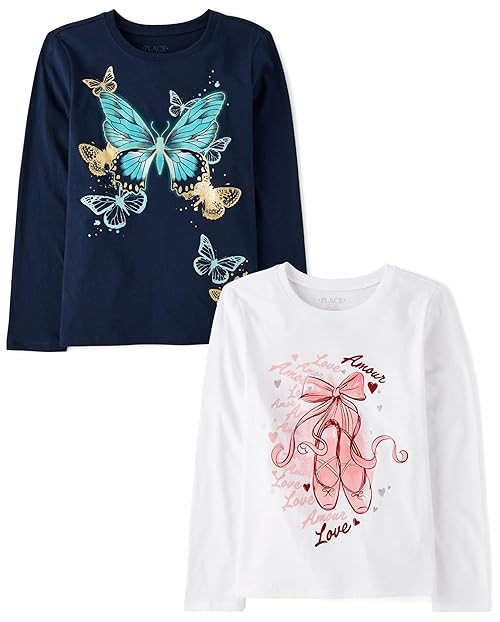 The Children's Place,Girls,Animal Long Sleeve Graphic T-Shirts,multipacks,Ballet Shoes/Butterfly 2-Pack,Medium