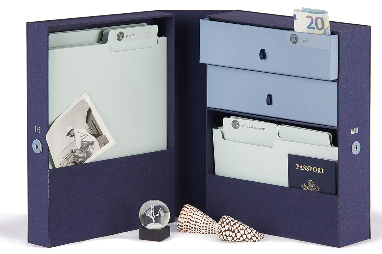 Savor All-in-One Fabric Desk Organizer Storage System-The Vault-Filing system holds Important Documents and Objects including passports, money, keepsakes, letters, collections, office supplies, photos