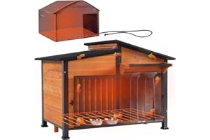 GUTINNEEN Heated Dog House Outdoor Dog Kennel with Safe Heated Pad, Chew-Proof Metal Frame and Rotating Food Bowl for Small to Medium Dogs, 39.7"x25.5"x32.2" (Dark Brown)