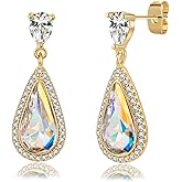 EVEVIC Austrian Crystal Halo Teardrop Dangle Drop Earrings for Women 14K Gold Plated Jewelry Gifts