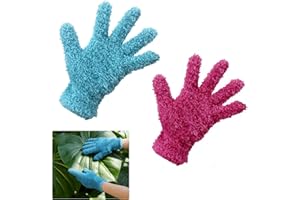 Microfiber Cleaning Gloves 2 Pairs (Blue & Red), Soft Chenille Dusting Gloves for Plants, Furniture, Car Detailing, Lint-Free