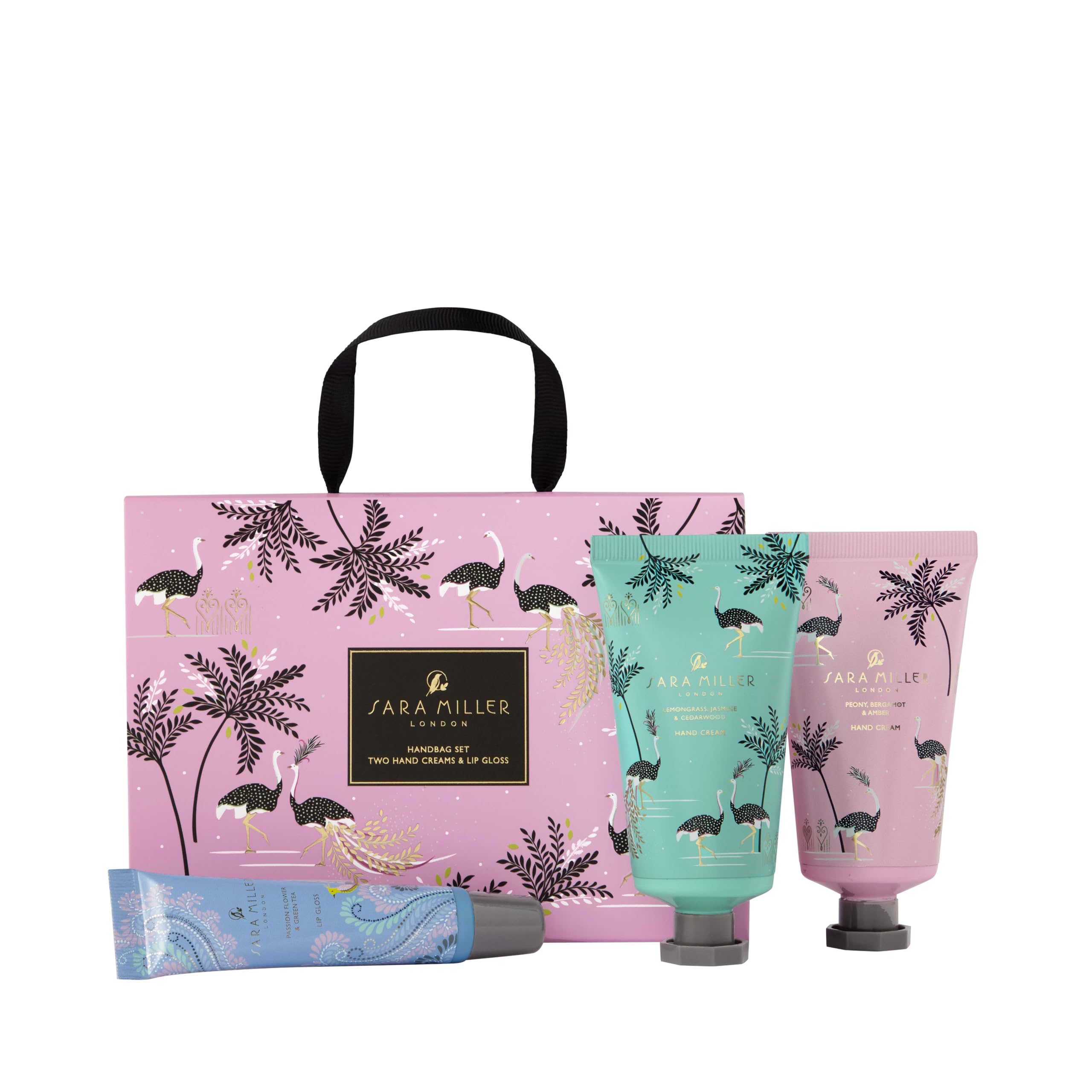 Sara Miller London Hand Cream Moisturiser x2 50ml, Lip Gloss 15ml, Handbag Set, Shea Butter, Floral Fragrance, Beauty Gift For Her, Travel Size, Vegan and Cruelty Friendly