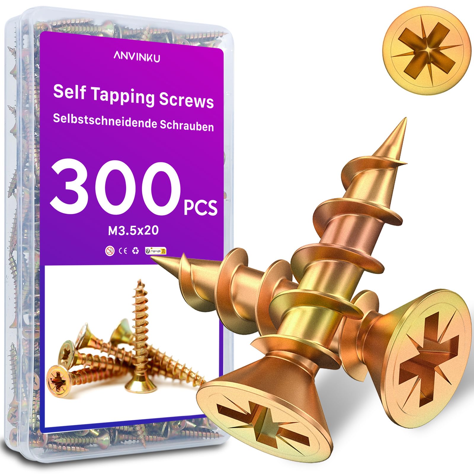 ANVINKU Wood Screws - 300 Pcs, M3.5 x 20mm, Zinc Finish, Countersunk, Self Tapping, Assorted for Furniture Repairs