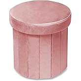 Phantoscope Storage Ottoman Round15 Inch, Velvet Folding Storage Boxes Footrest Foot Ottoman Toy Box, Padded Seat for Dorm Living Room Bedroom, Support 220lbs Pink