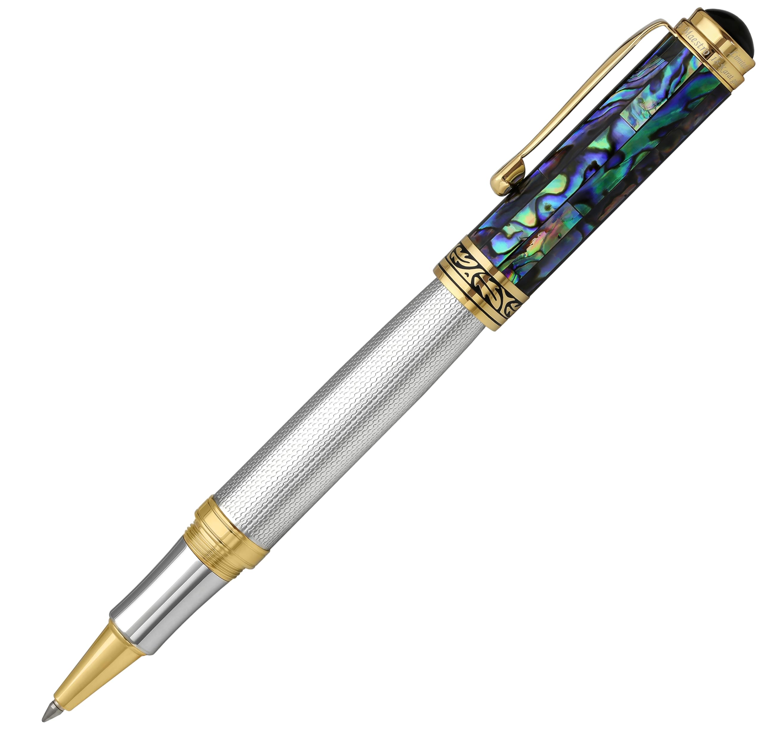 Xezo Maestro Rollerball Pen, Fine Point. Solid 925 Sterling Silver with Blue Pāua Sea Shell and 18 Karat Gold Plating. Handcrafted, Limited Edition, Serialized