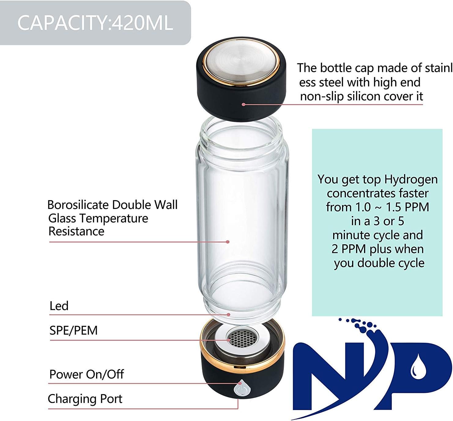 N.P Hydrogen Water Bottle Generator with PEM and SPE Technology,Up to 1500PPB,Portable Hydrogen Water Maker,Hydrogen Water Machine,New Technology Glass Water Ionizer (Black): Industrial & Scientific