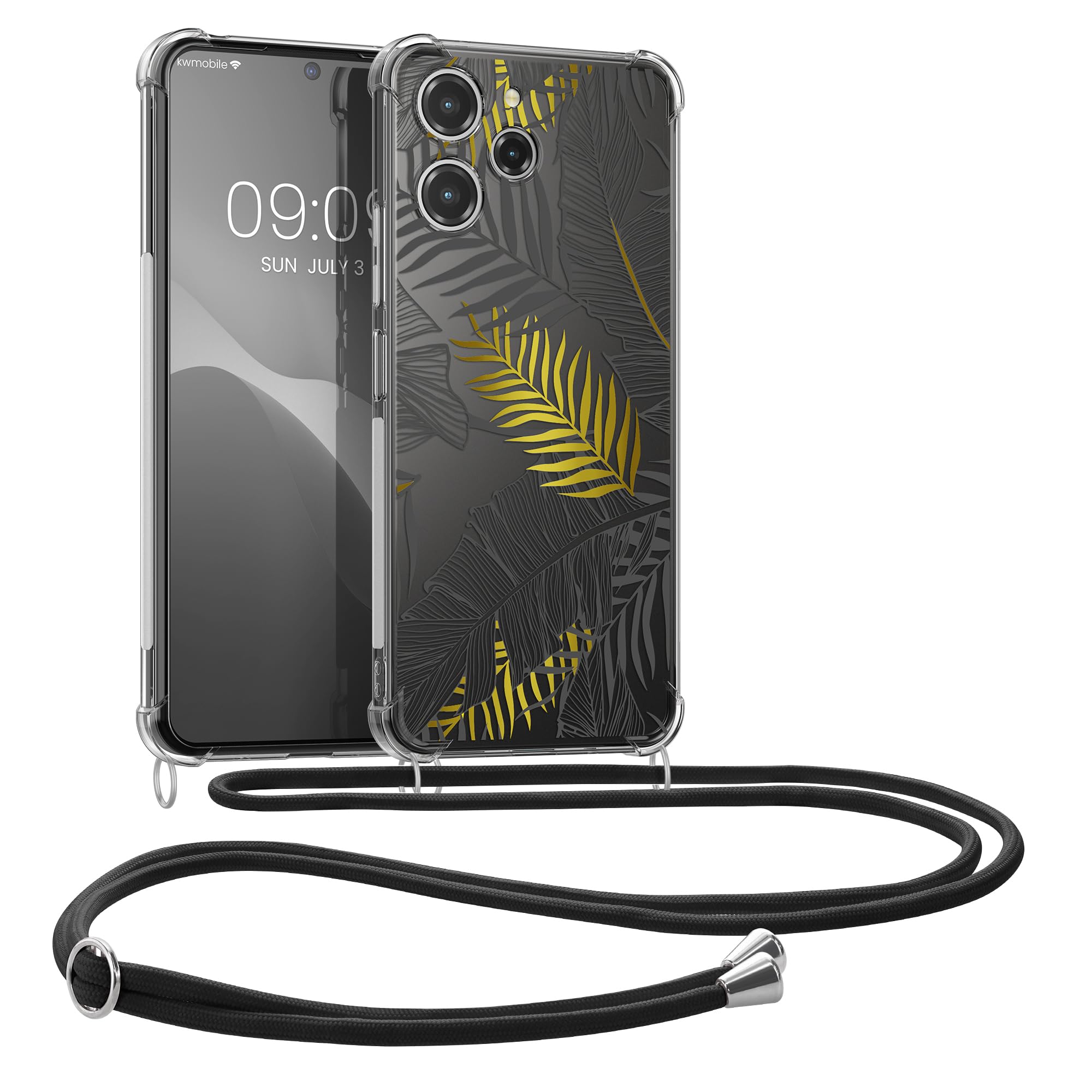 kwmobile Crossbody Case Compatible with Xiaomi Redmi 12 Case Strap - Palm Leaves Yellow/Grey/Transparent