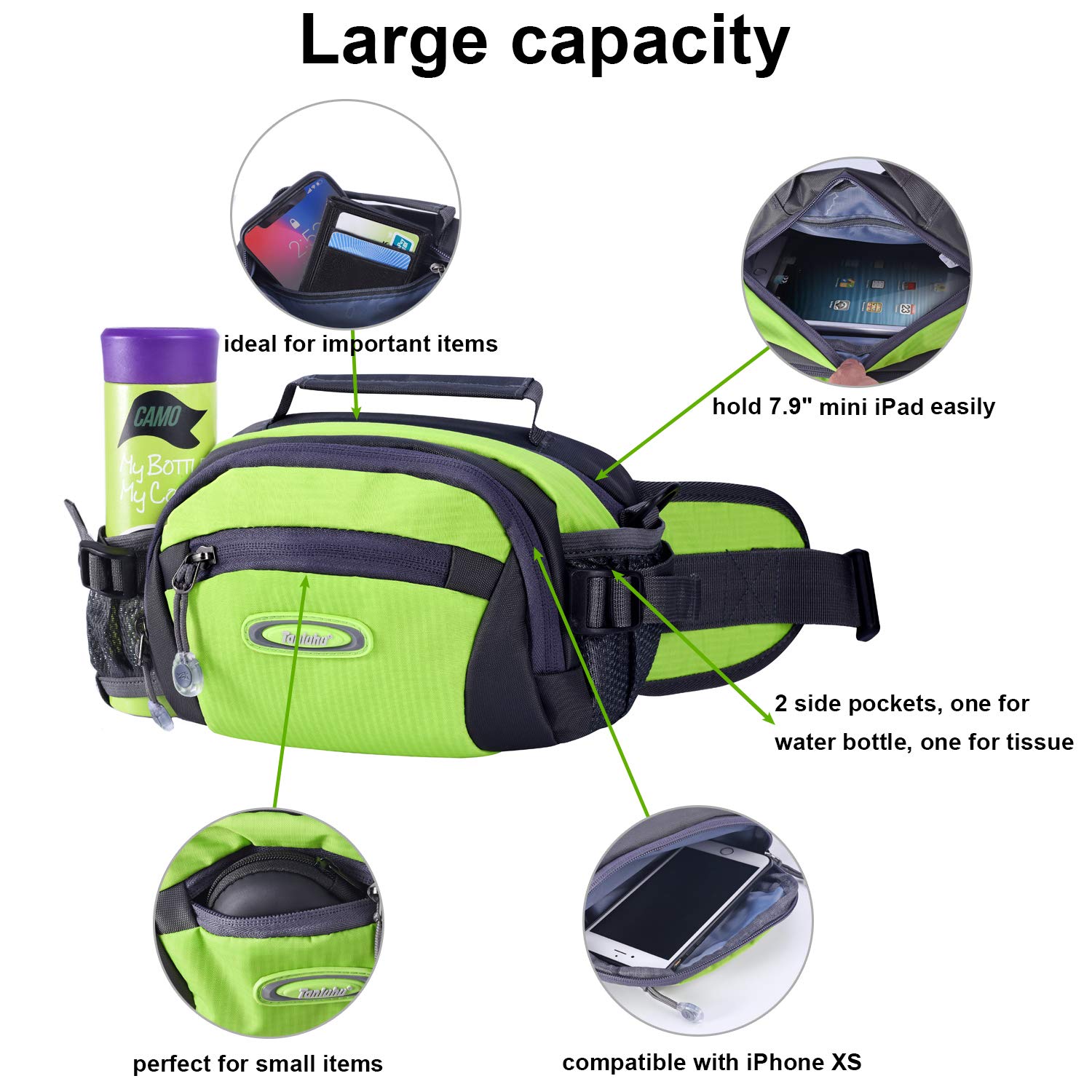 Y&R Direct Fanny Pack Waist Bag Packs Large Running Belt Bum Purse Bags with Bottle Holder Extension Strap Women Men Boy Girls Kids Gifts Waterproof Multicolor Outdoor Walking Hiking (Green)