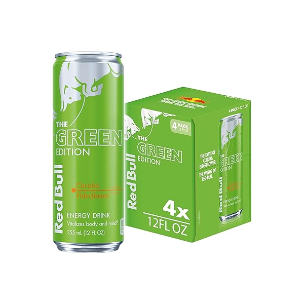 RED BULL GREEN EDITION ENERGY DRINK, CURUBA ELDERFLOWER, WITH 114MG CAFFEINE PLUS TAURINE & B VITAMINS, 12 FL OZ, PACK OF 4 CANS