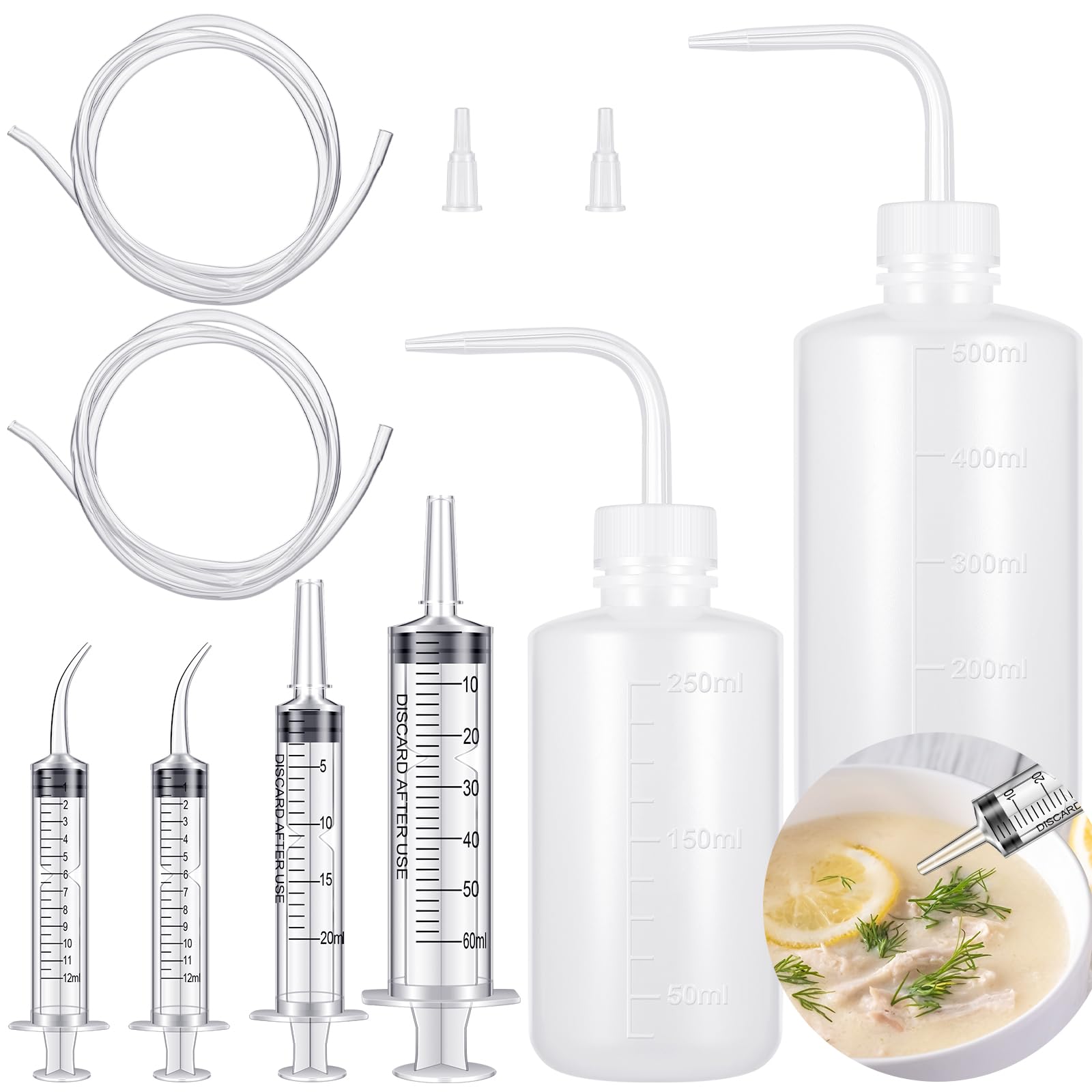 Photo 1 of Geiserailie 8 Pcs Jaw Surgery Soft & Liquid Diet Kit 2 Large Plastic Syringe with Tube 2 Wash Bottles Squeeze 2 Curved Syringes Jaw Surgery Recovery Supplies for Eating and Drinking Liquid Food
