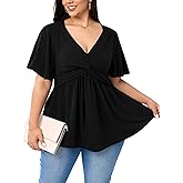 SHESTARR Womens Plus Size Tops V Neck Twist Knot Front Short Flutter Sleeve Empire Waist Flowy Babydoll Top Blouse Shirt