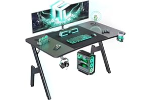HLDIRECT 47 Inch Gaming Desk with Carbon Fibre Surface Large Computer Desk Gaming Table Ergonomic Pc Gaming Workstation Home Office Desks with Cup Holder & Headphone Hook