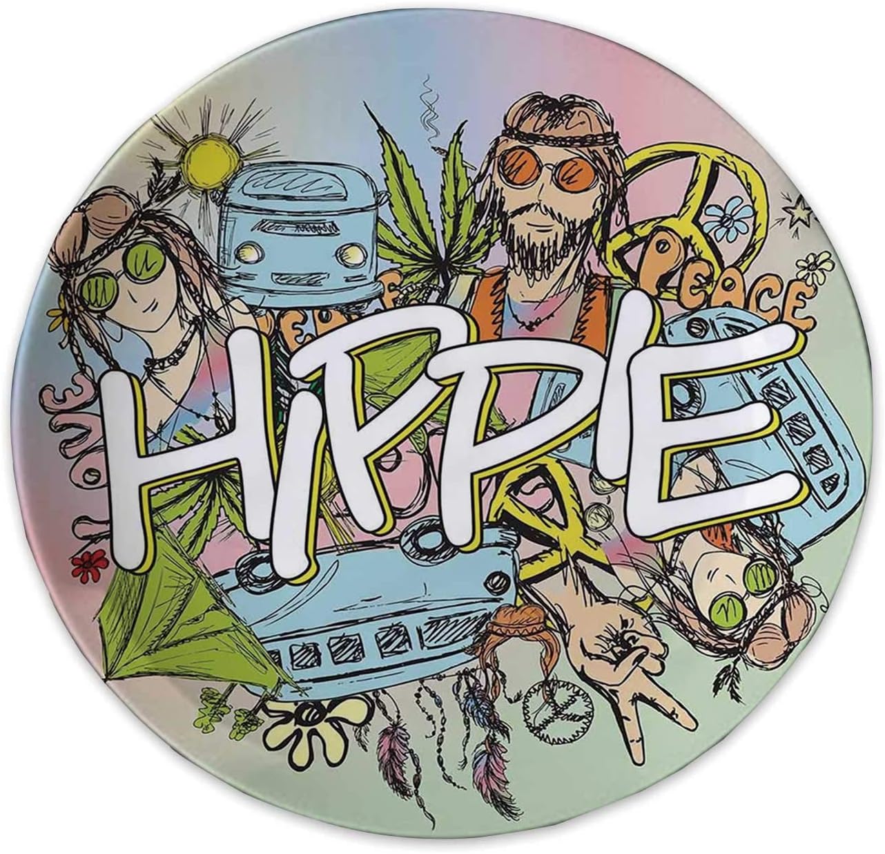 Hitecera Modern Art Plate,Hippie Life with Man and Woman Peace Symbol No War Liberal Boho Sketch Illustration for Home,8 inch