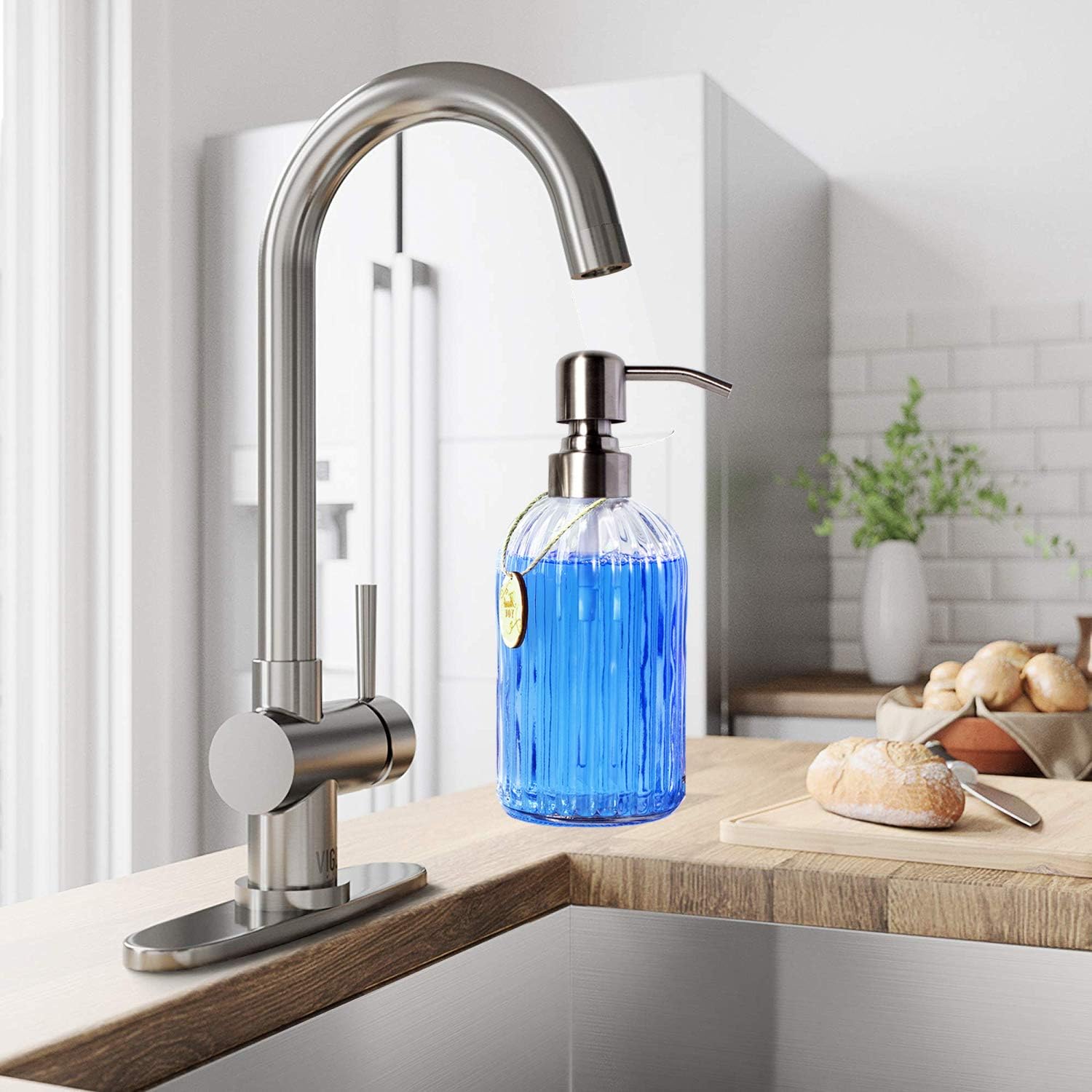 Clear Vertical Striped Glass Soap Dispenser Rust Proof Stainless Steel