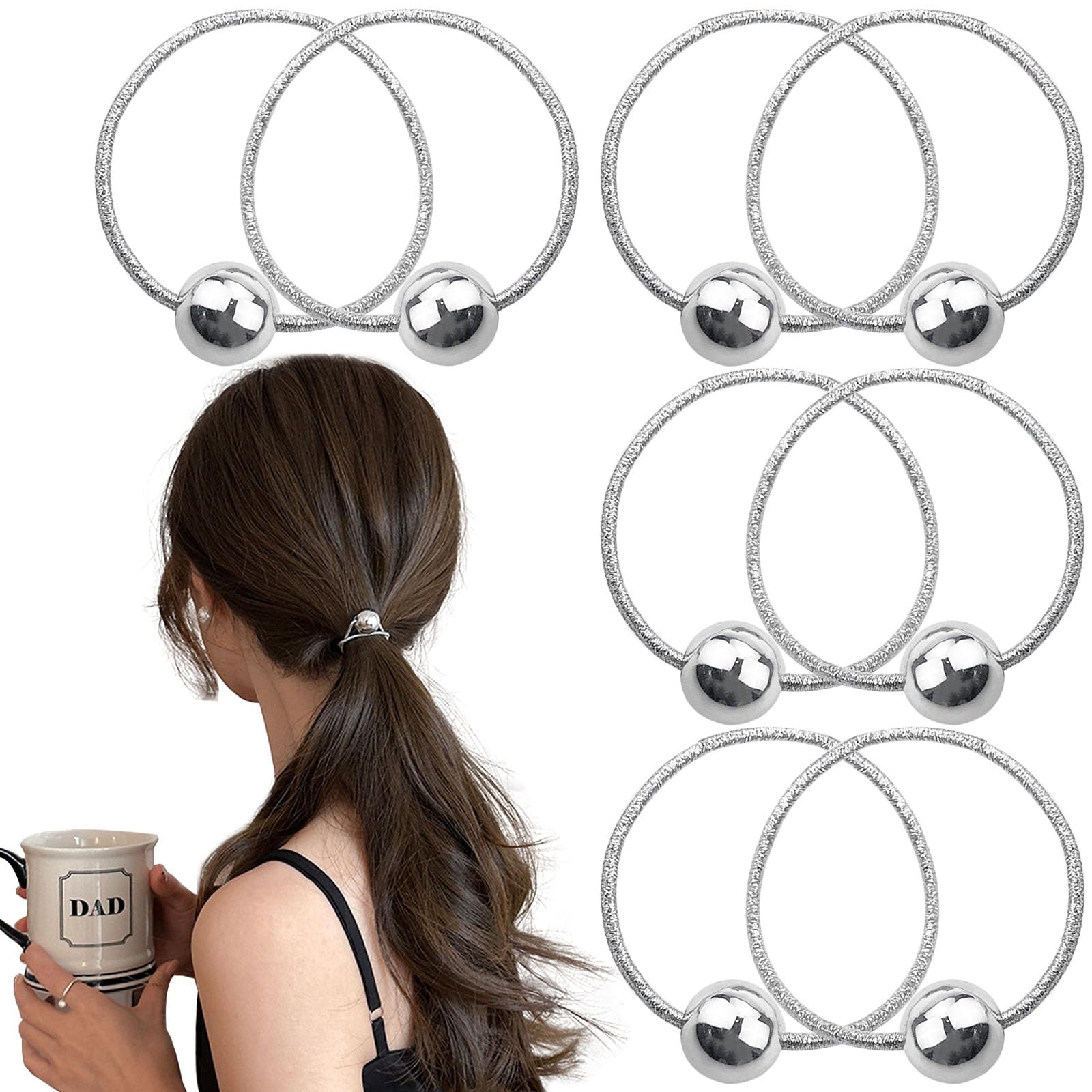 8PCS Sliver Hair Ties, Balls Elastic Ponytail Holders Cute Ball Hair Scrunchies Soft Hair Bobbles Hair Elastics Bead Hair Rubber Band Hair Elastic Accessories for Women Girls