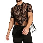 SHENHE Men's Sheer Floral Lace Fringe Short Sleeve Crewneck Cropped Tee Party Shirt Top