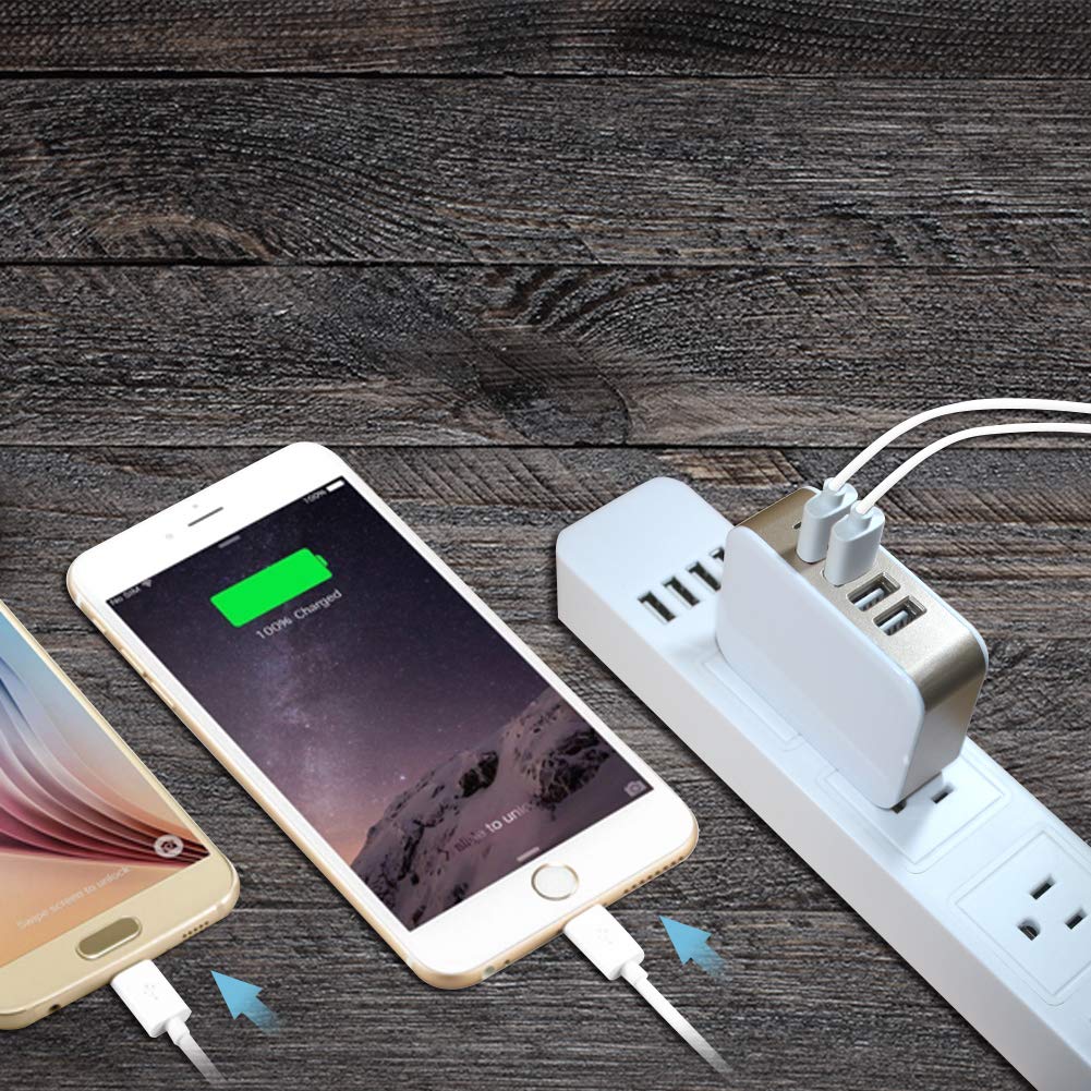 USB Wall Charger Power Adapter 4-Port USB 24W Travel Charger Adapter with Foldable Plug Multi Device Smart Charging-Compatible with iPhone, iPad, Samsung, Galaxy (Gold)