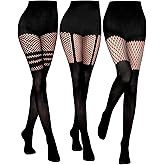 Jansun 3 Pairs Faux Thigh High Fishnet Stockings, Black Opaque Tights Women Fishnet Tights