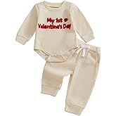 Douhoow Baby Valentines Day Outfit Infant Boy Girl My 1st Valentine's Embroidered Waffle Baby Sweatshirt Romper Pants Set