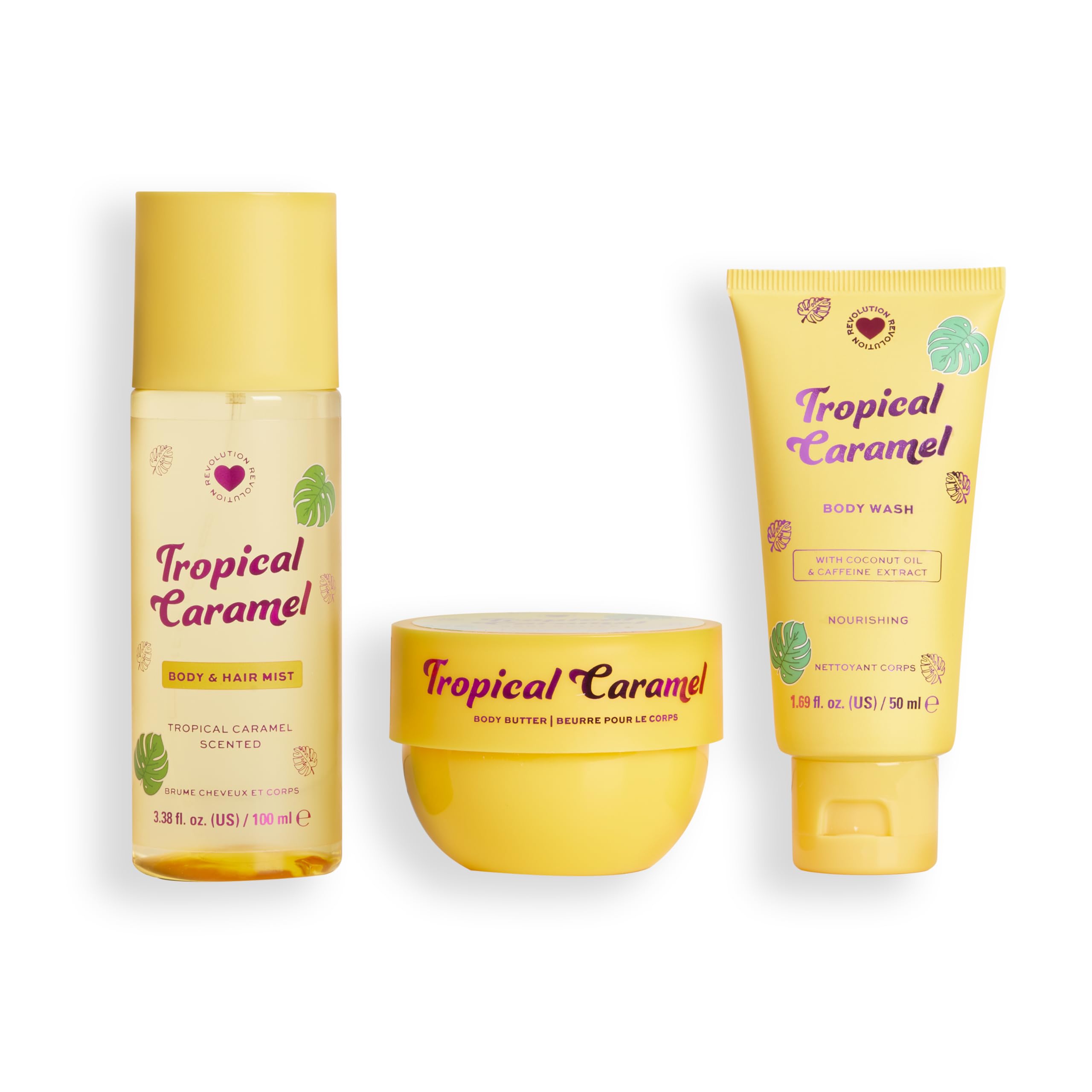 I Heart Revolution, Tropical Caramel Bath & Body Gift Set, All-In-One Mini Hair & Body Set For Summer, Sweet Scent, Vegan & Cruelty-Free