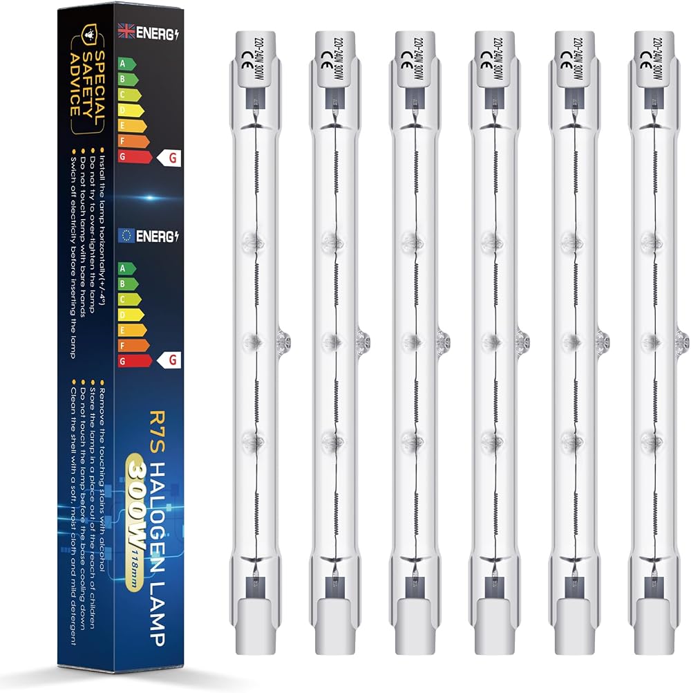 BROTOU 6 Pack R7S 300W Halogen Bulbs 118mm 230V 4480LM 2800K Dimmable Floodlight