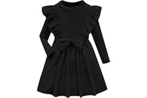 Kimoda Girls Long Sleeve Ruffle Dresses Solid Ribbed Knit Fall Winter Dress for Toddler Casual Bowknot Dresses 2-6 Years