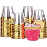 Tobvory 100 Pack Gold Rimmed Plastic Cups - 9 oz Hard Clear Plastic Cups, Premium Disposable Cup For Cocktail And Drinking - Food Grade Party Cups Set - Sturdy Tumbler Cup - Gold Rim