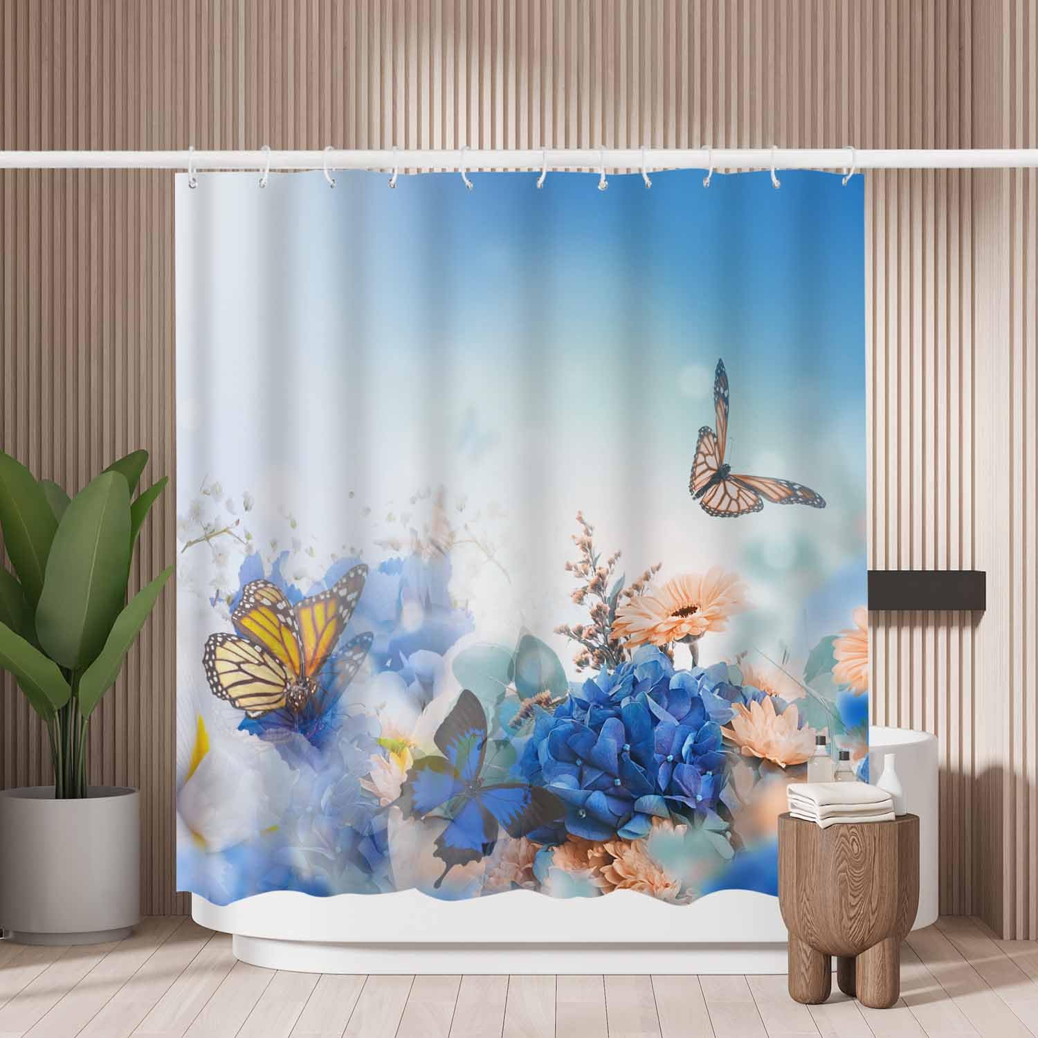 Woutay Shower Curtain Mould Proof Resistant Butterflies and Blue Hydrangeas Flowers,Water Repellant Fabric,Polyester,with 12 Plastic Hooks,Size 180x180CM
