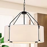 Fanousek Drum Chandeliers, Modern 23'' Farmhouse Pendant Light Fixture with White Linen Fabric Shade, Black Round Adjustable 