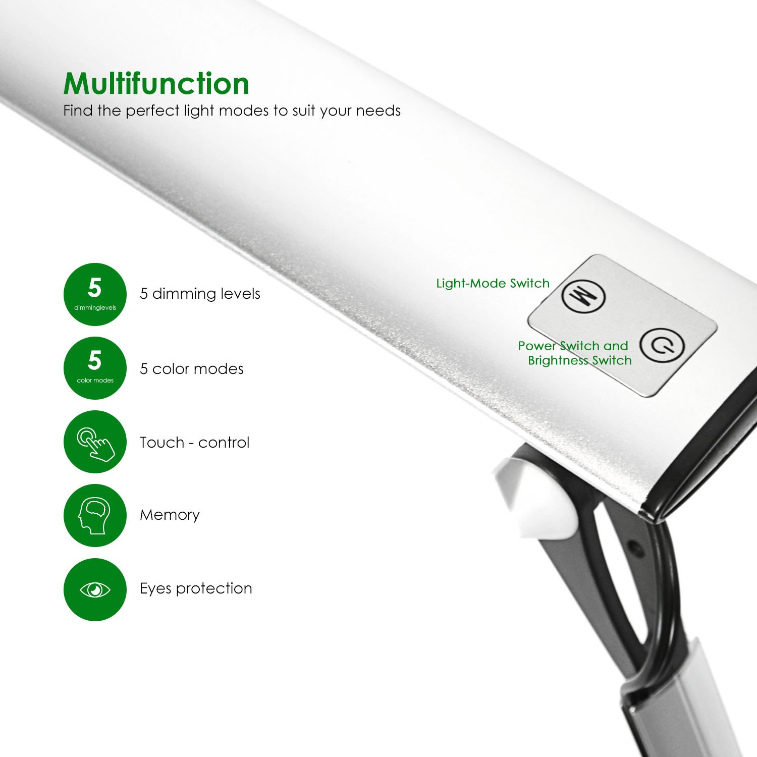 LED Desk Lamp, Joly Joy Dimmable Eye-Caring Swing Arm Lamps, 12W Full Metal Task Lamp with Clamp for Working Studying, 5 Color Modes, 5 Brightness Levels, Touch Control and Memory Function (Silver)